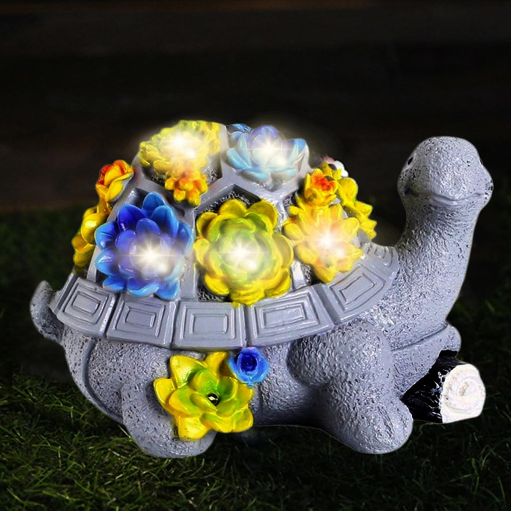 Turtle Garden Statue with 7 LED Succulent Lights, Resin Turtle Garden Decor L8340