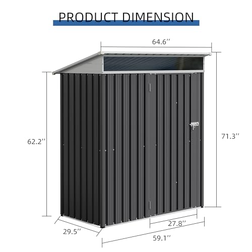 5x3 FT Waterproof Metal Garden Shed with Window and Lockable Double Door Dark Gray T2913