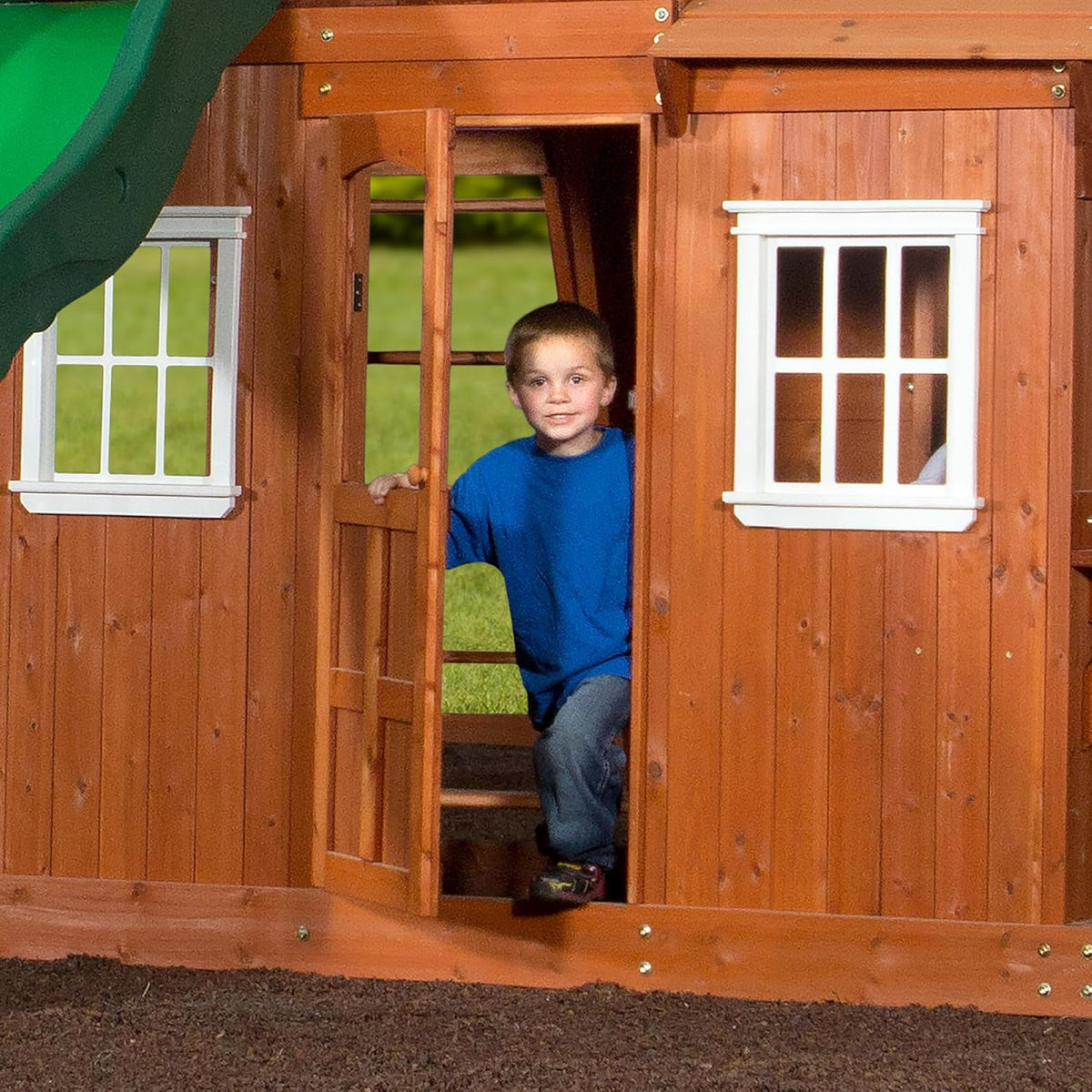 All Cedar Wooden Swing Set with 2 Belt Swings, Trapeze Bar, 10 ft Wave Slide, Playhouse, Play Kitchen, Rock Wall, Bench J9500