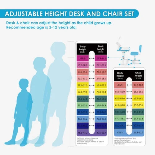 Blue Height Adjustable Kids Study Desk & Chair Set with LED Lamp, Drawer, Bookstand, Chair Cover J69900