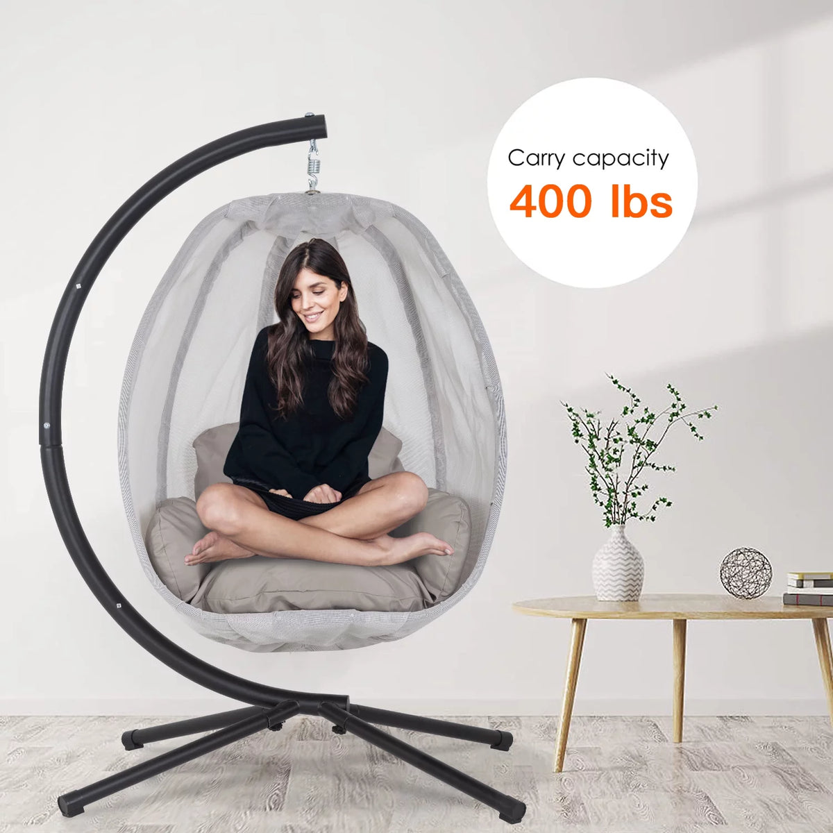Egg Chair with Metal Stand and Cushion, 400LBS Capacity, Gray L8445
