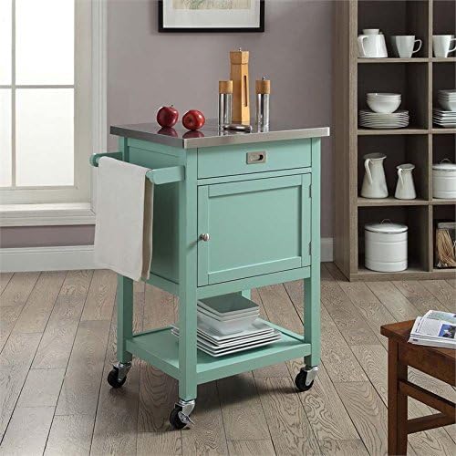 Light Green Stainless Steel Top Pine Wood Rolling Microwave Table with One Drawer and One Shelf G94277
