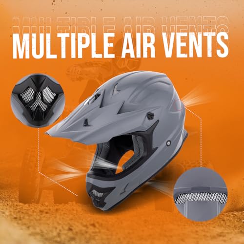 Adult ATV Dirt Bike Helmet with Goggles Gloves & Mask Adjustable Sun Visor Motorcycle Helmet Off-Road Motocross Downhill Moped MX Gray O512