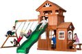 All Cedar Wooden Swing Set with 2 Belt Swings, Trapeze Bar, 10 ft Wave Slide, Playhouse, Play Kitchen, Rock Wall, Bench J9500