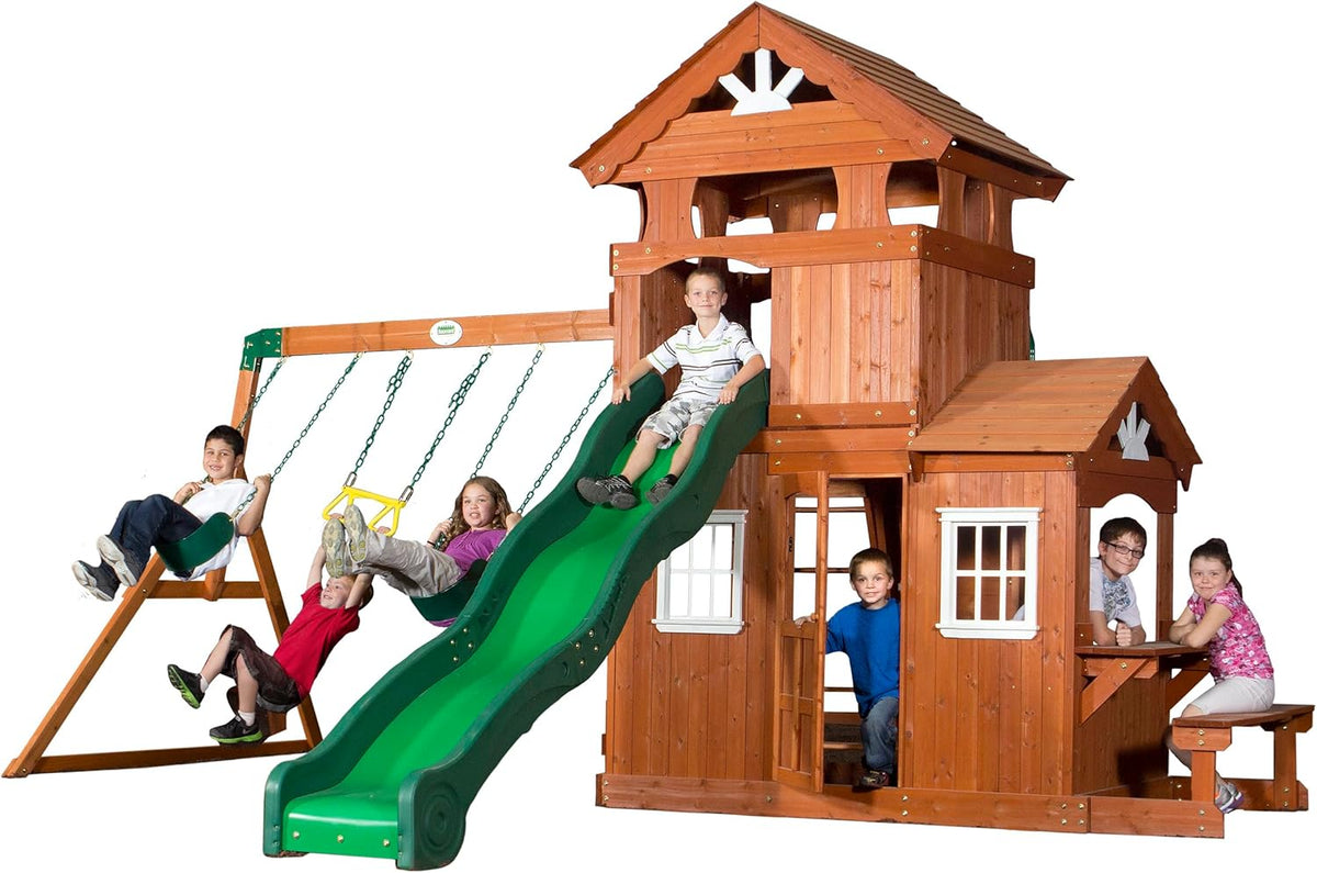 All Cedar Wooden Swing Set with 2 Belt Swings, Trapeze Bar, 10 ft Wave Slide, Playhouse, Play Kitchen, Rock Wall, Bench J9500