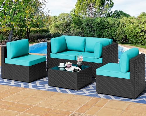 5 Pieces PE Wicker Outdoor Sectional Sofa with Glass Coffee Table S7149