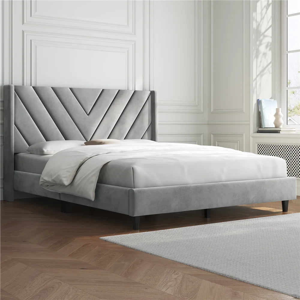 Queen Upholstered Platform Bed Light Gray Q8804