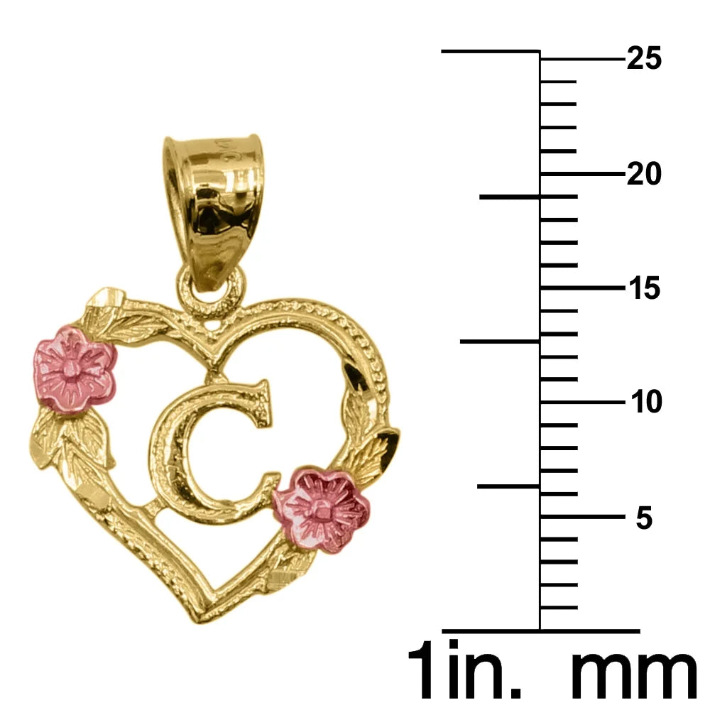 14K Two-Tone Gold Flower and Heart-shaped Initial 'C' Pendant with 18" Chain Necklace D784010