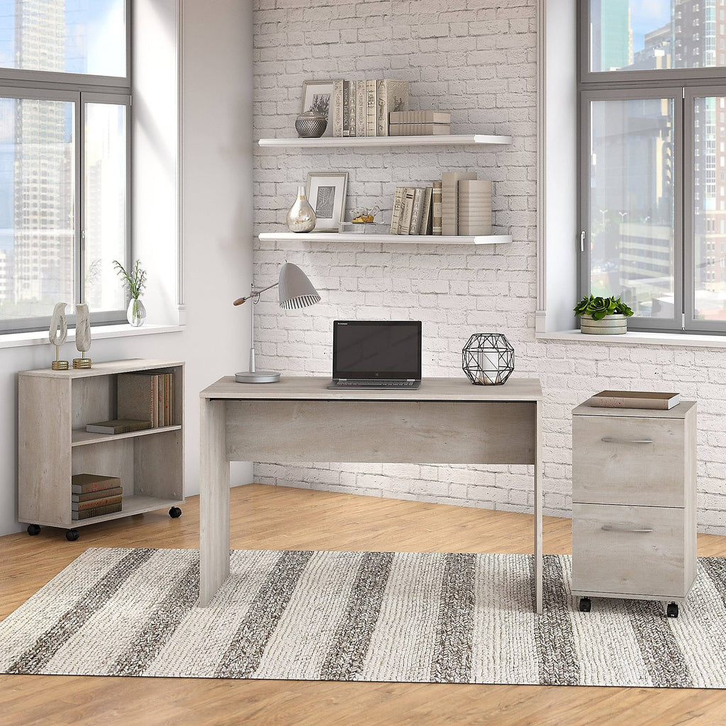 Washed Gray Small Desk with Mobile File Cabinet and Bookcase A316