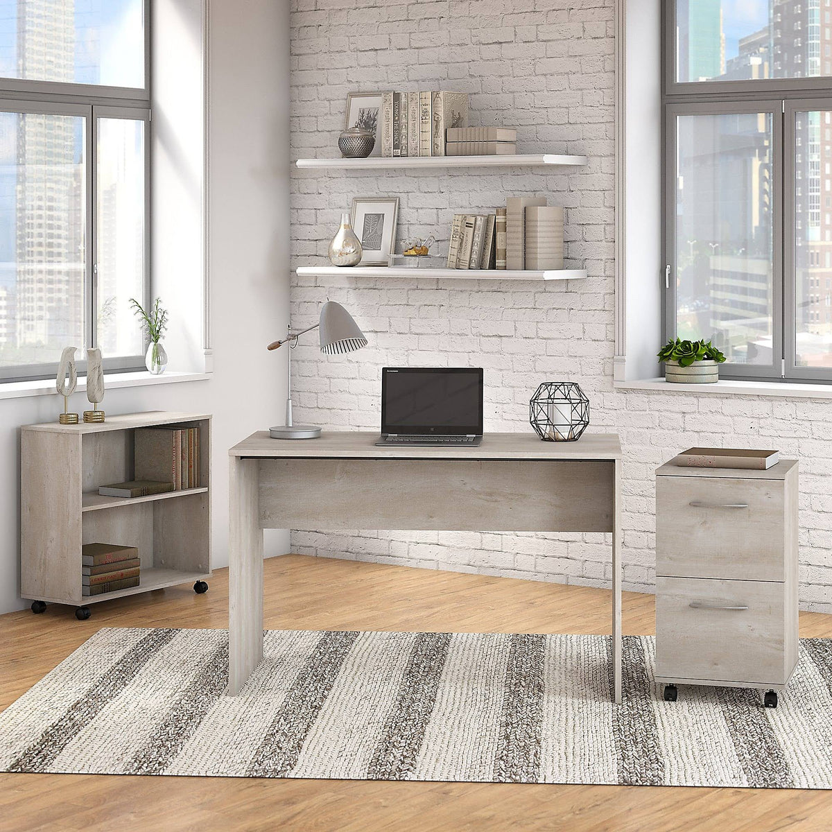 Washed Gray Small Desk with Mobile File Cabinet and Bookcase A316