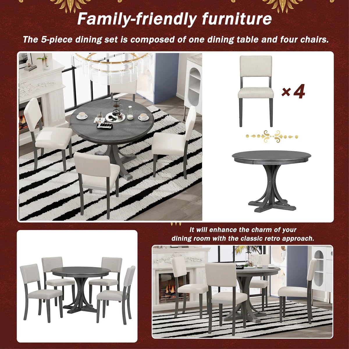 5 Piece Round Dining Table Set with 4 Upholstered Chairs B285