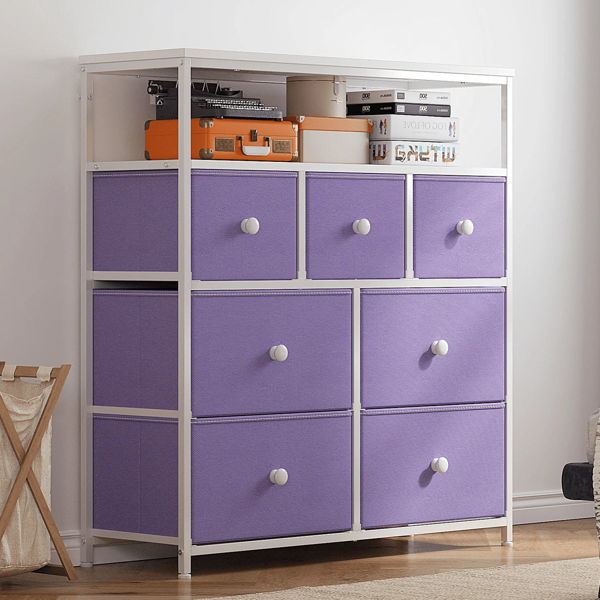 Pink 7 Drawer Fabric Dresser with Wood Shelves K84417