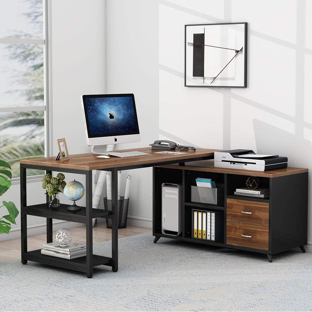 55 Inch L-Shaped Computer Desk with Drawers H35823