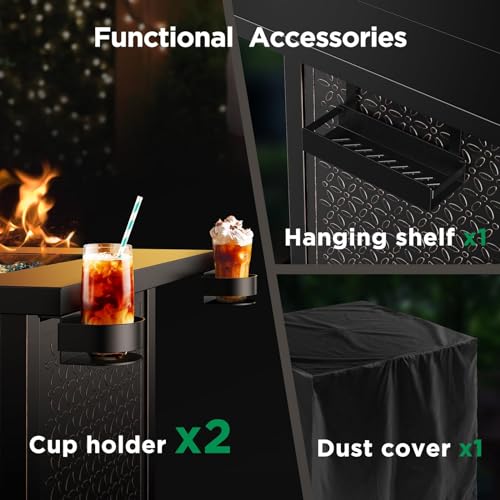 28″ Propane Fire Pit Table with Cup Holders & Hanging Shelf, 50,000 BTU, Glass Stones & Nylon Dust Cover I492310