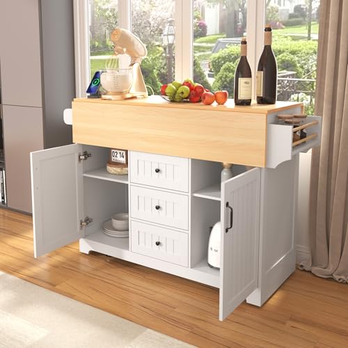 Large Kitchen Island Cart with 2 Drop Leaf, Mobile Dining Table with Storage Cabinet, Rolling Kitchen Cart with Power Outlets, 3 Drawers, Spice & Towel Rack X87355