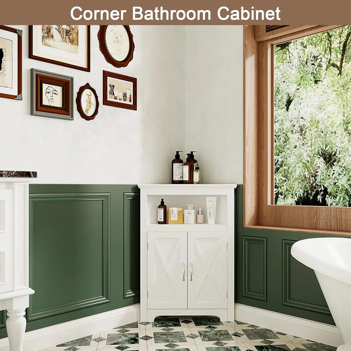 White Corner Storage Cabinet with Barn Door and Adjustable Shelf S5640