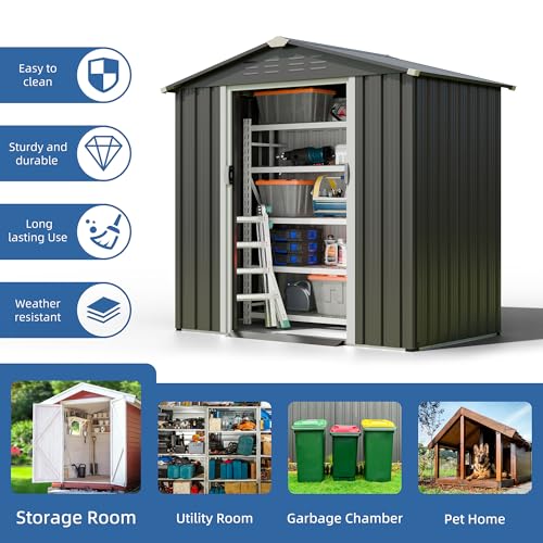 5x3 FT Waterproof Metal Garden Shed with Window and Lockable Double Door Dark Gray T2913