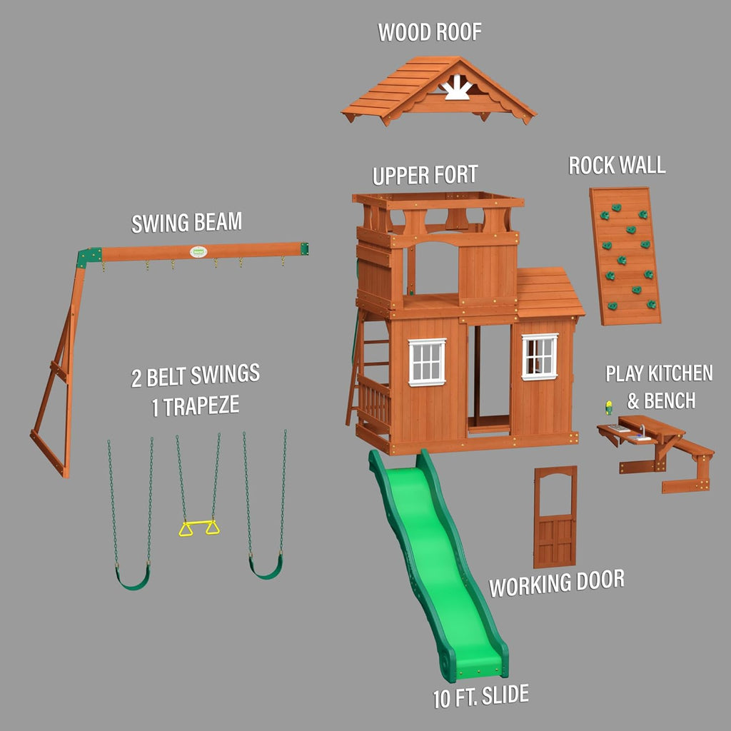 All Cedar Wooden Swing Set with 2 Belt Swings, Trapeze Bar, 10 ft Wave Slide, Playhouse, Play Kitchen, Rock Wall, Bench J9500