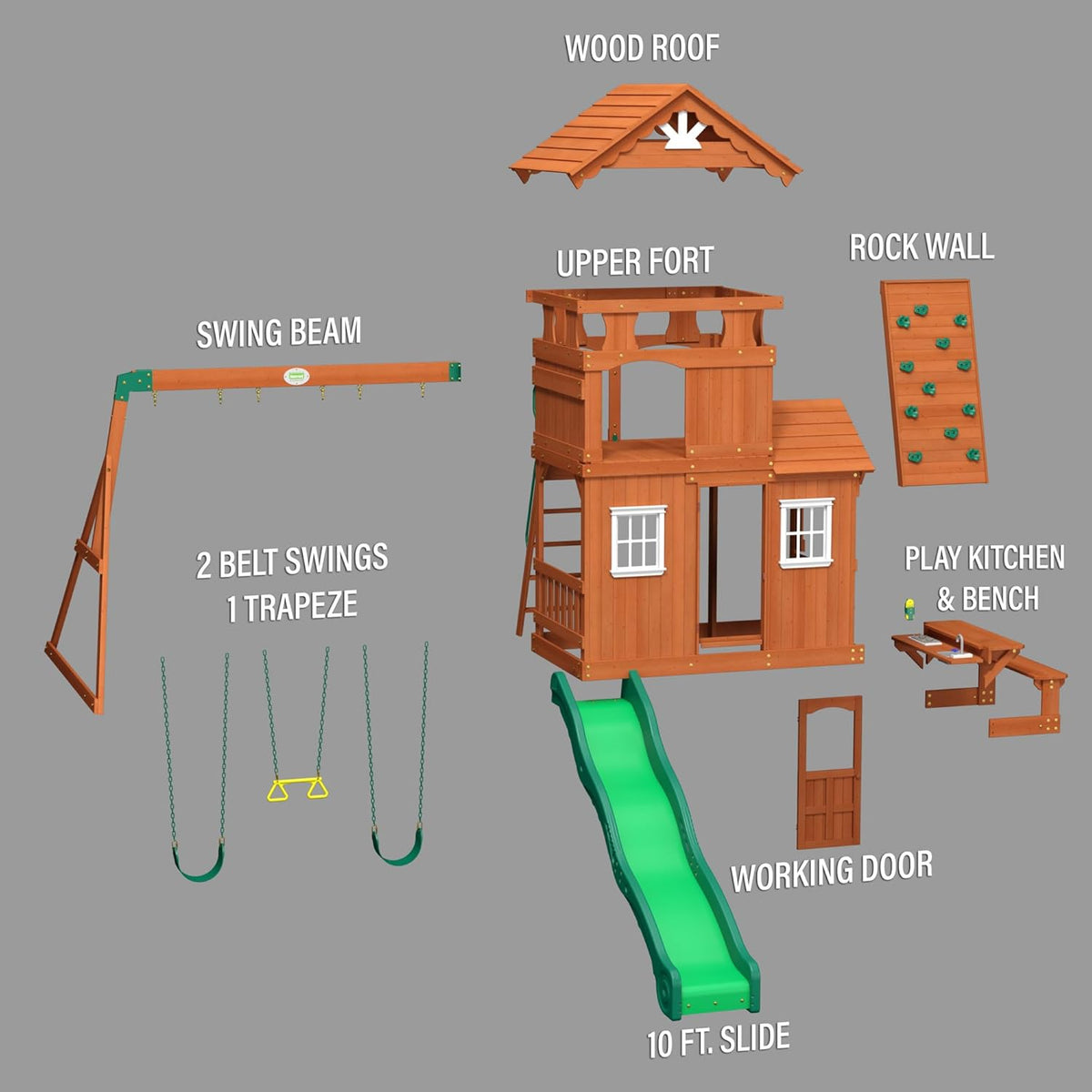 All Cedar Wooden Swing Set with 2 Belt Swings, Trapeze Bar, 10 ft Wave Slide, Playhouse, Play Kitchen, Rock Wall, Bench J9500