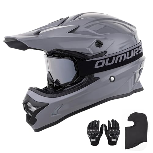 Adult ATV Dirt Bike Helmet with Goggles Gloves & Mask Adjustable Sun Visor Motorcycle Helmet Off-Road Motocross Downhill Moped MX Gray O512