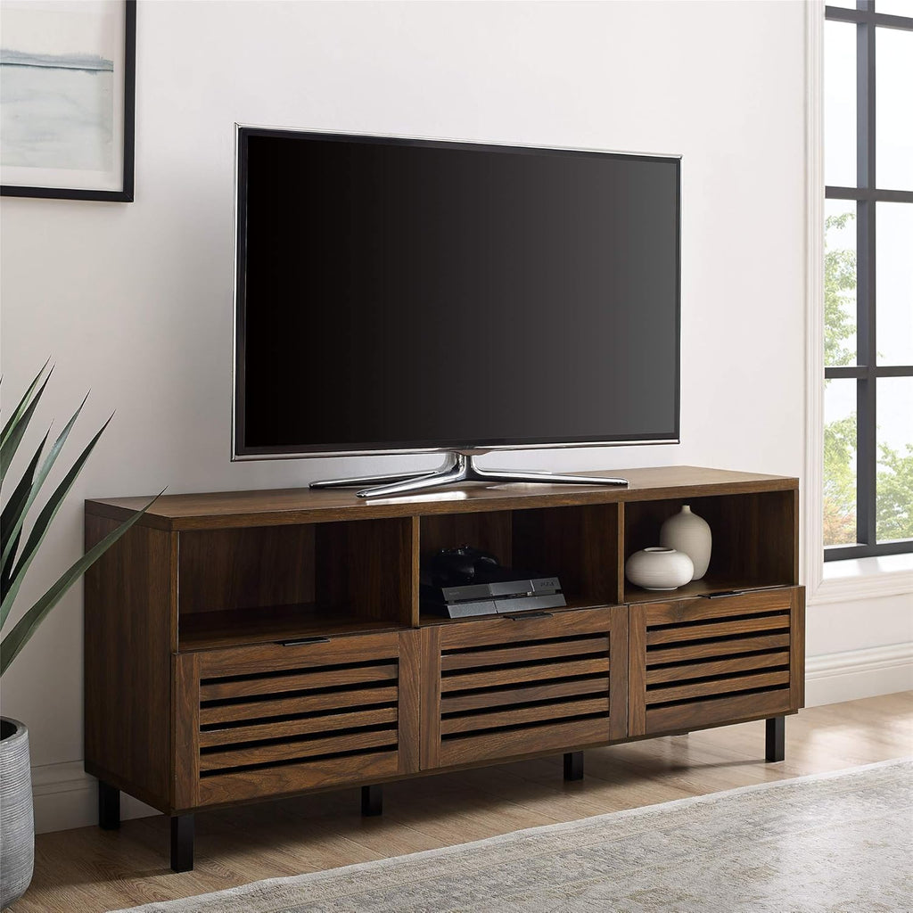 Modern Wood TV Stand with Slat Doors, 58 Inch, Dark Walnut D760670