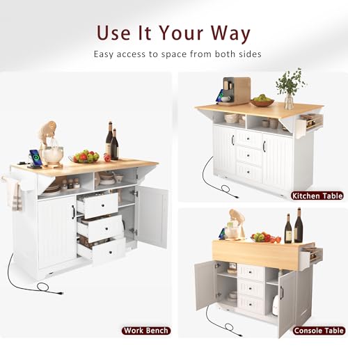 Large Kitchen Island Cart with 2 Drop Leaf, Mobile Dining Table with Storage Cabinet, Rolling Kitchen Cart with Power Outlets, 3 Drawers, Spice & Towel Rack X87355