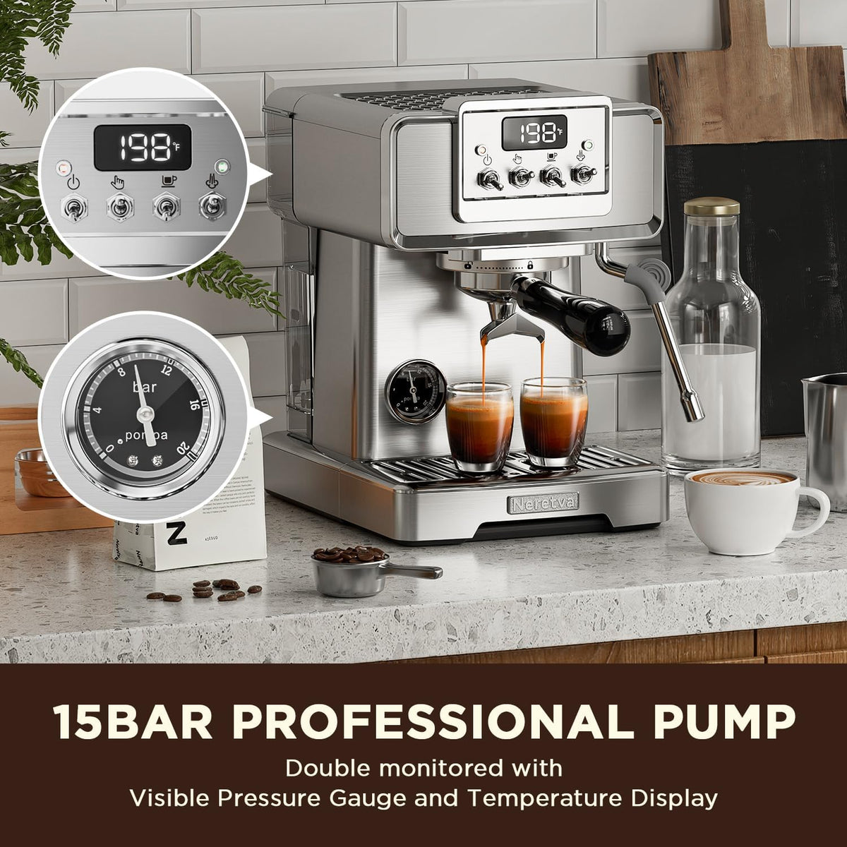 15 Bar Stainless Steel Espresso Machine with Milk Frother X647645
