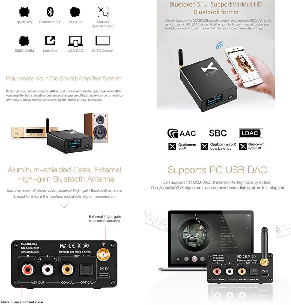 Bluetooth Audio Receiver Converter with Optical Coaxial AUX Output OLED Display M43188