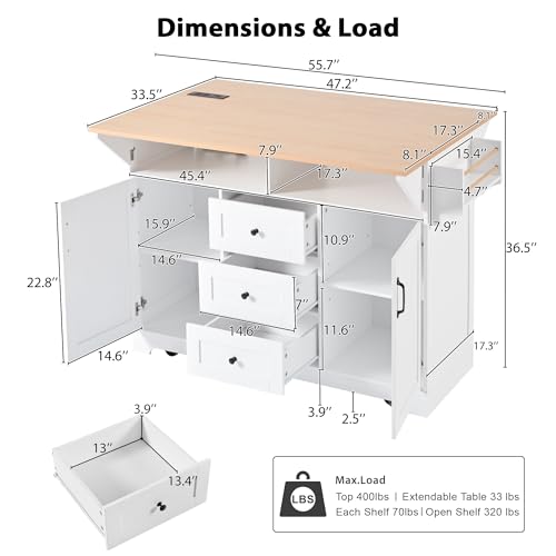 Large Kitchen Island Cart with 2 Drop Leaf, Mobile Dining Table with Storage Cabinet, Rolling Kitchen Cart with Power Outlets, 3 Drawers, Spice & Towel Rack X87355