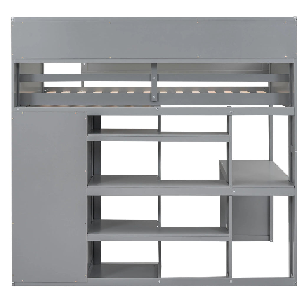 Gray Pine Wood Twin Size Loft Bed with Desk and Wardrobe W71231