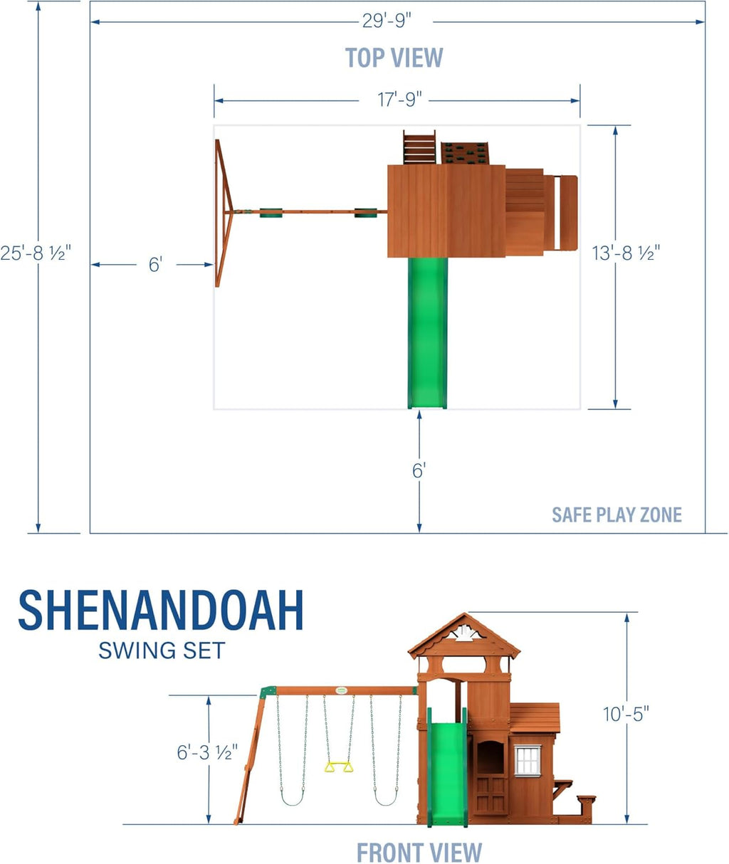 All Cedar Wooden Swing Set with 2 Belt Swings, Trapeze Bar, 10 ft Wave Slide, Playhouse, Play Kitchen, Rock Wall, Bench J9500