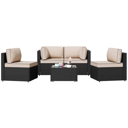 5 Pieces PE Wicker Outdoor Sectional Sofa with Glass Coffee Table S7149