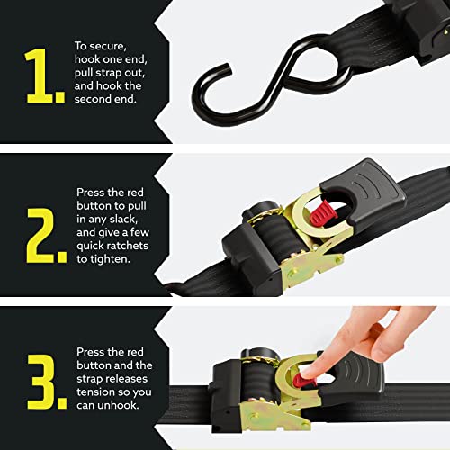 Retractable Ratchet Straps, 2 Pack (1 inch x 10 feet) - Black Ratchet Strap Tie Downs S3595