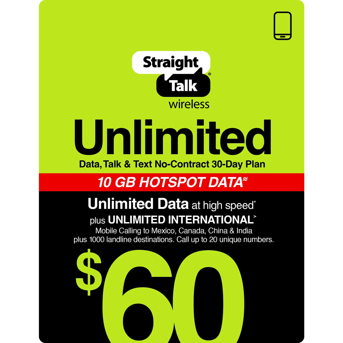 Unlimited International 30-Day Prepaid Plan + 10GB Hotspot Data e-PIN Top Up K277