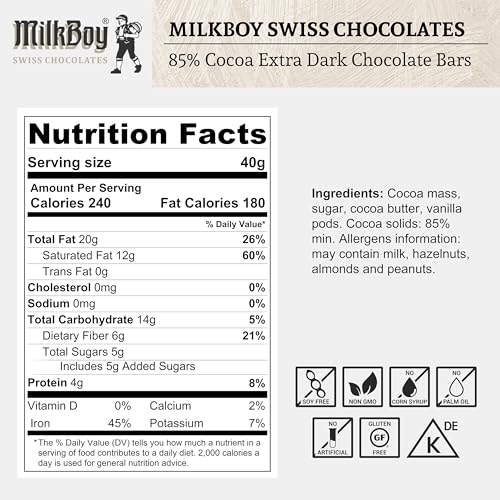 85% Cocoa Swiss Dark Chocolate, 3.5 oz, 5 Pack X9182