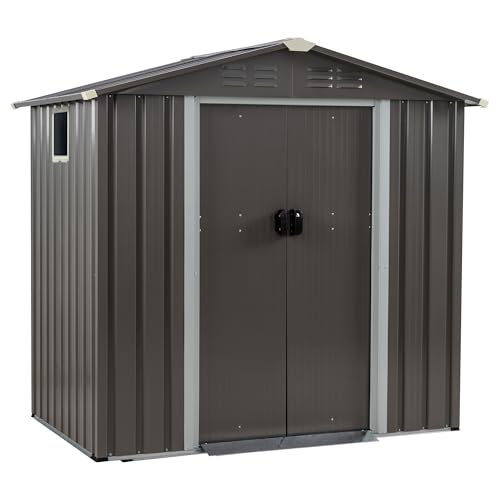 5x3 FT Waterproof Metal Garden Shed with Window and Lockable Double Door Dark Gray T2913