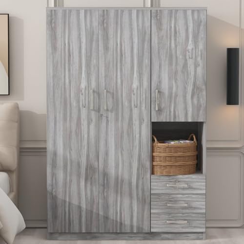 Grey Wooden Armoire Wardrobe with 6-Tier Shelves and 3 Drawers S55612