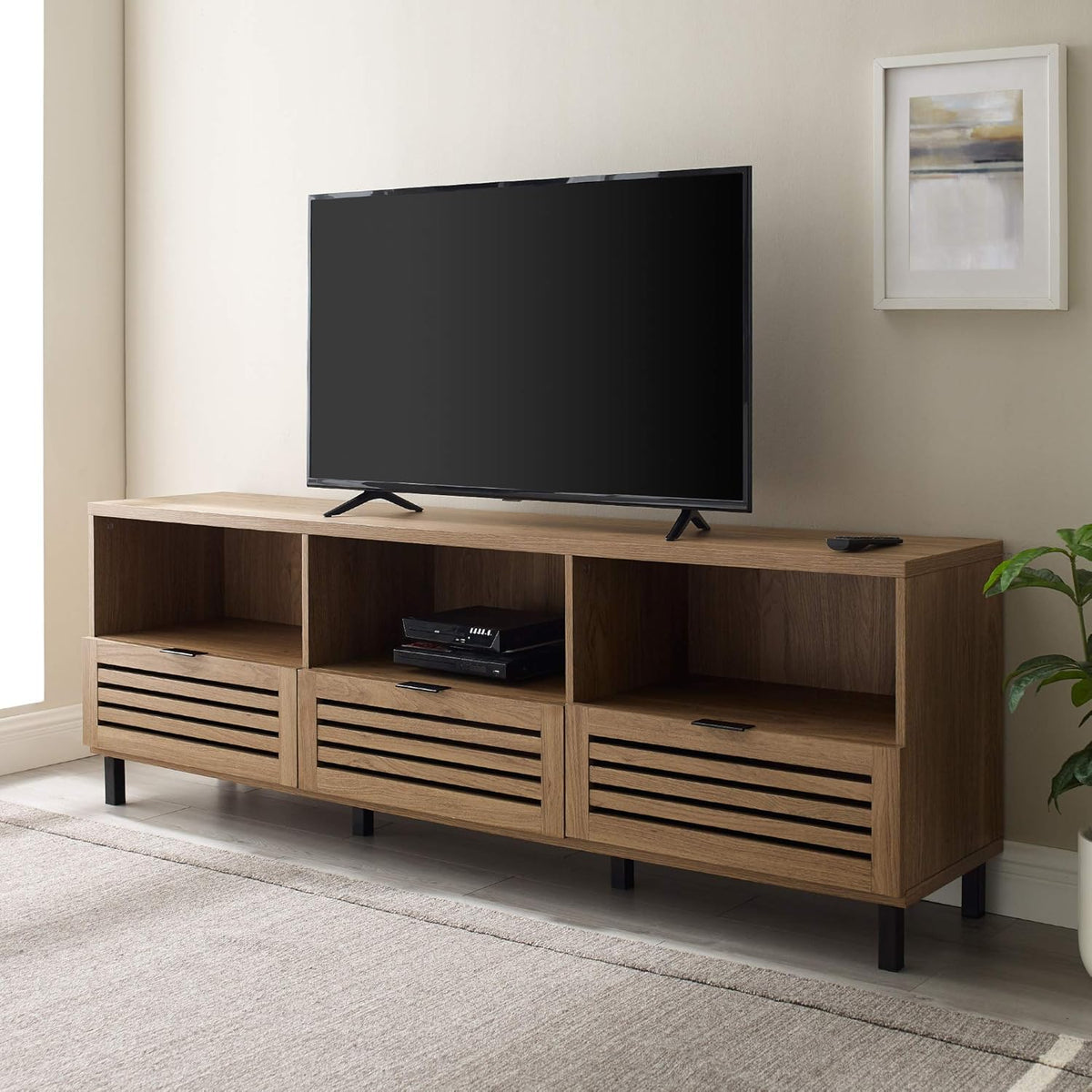 Modern Wood TV Stand with Slat Doors, 58 Inch, Dark Walnut D760670