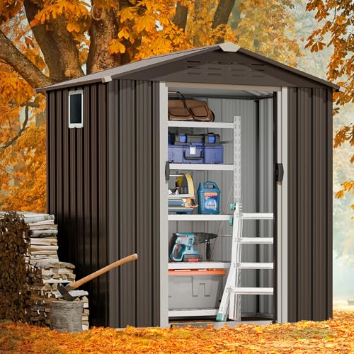 5x3 FT Waterproof Metal Garden Shed with Window and Lockable Double Door Dark Gray T2913