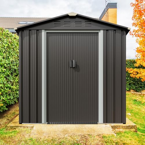 5x3 FT Waterproof Metal Garden Shed with Window and Lockable Double Door Dark Gray T2913