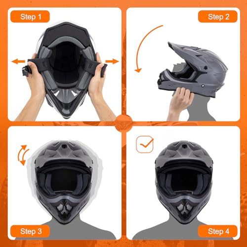 Adult ATV Dirt Bike Helmet with Goggles Gloves & Mask Adjustable Sun Visor Motorcycle Helmet Off-Road Motocross Downhill Moped MX Gray O512