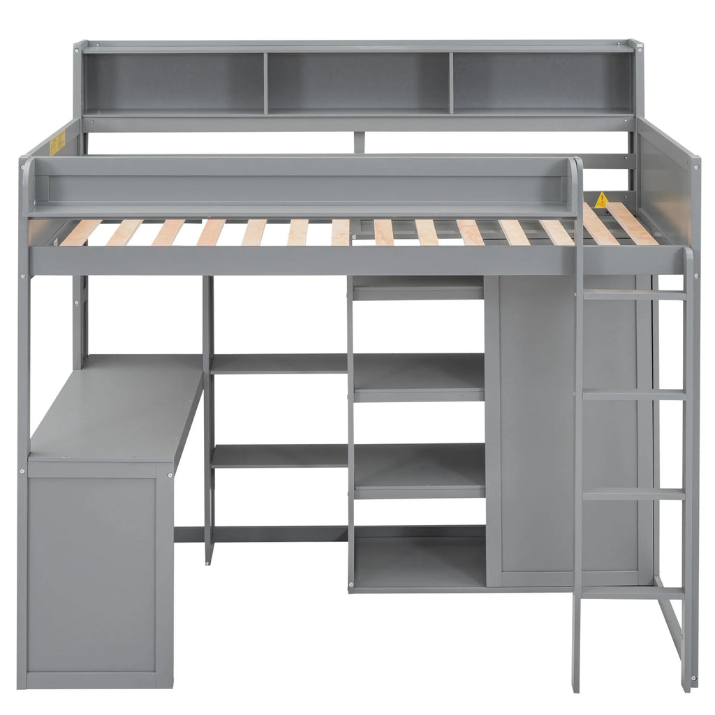 Gray Pine Wood Twin Size Loft Bed with Desk and Wardrobe W71231