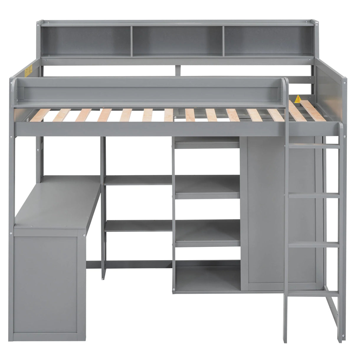 Gray Pine Wood Twin Size Loft Bed with Desk and Wardrobe W71231
