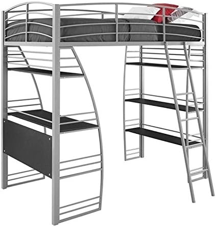 Gray Metal Twin Loft Bed with Desk and Bookcase O658