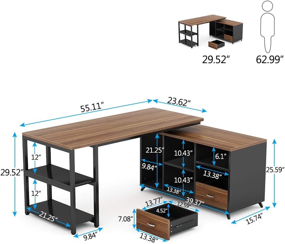 55 Inch L-Shaped Computer Desk with Drawers H35823