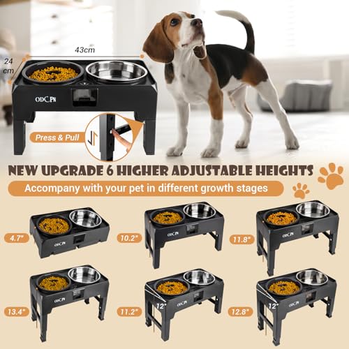 6 Height Adjustable Raised Dog Bowls with 2 Stainless Steel & 1 Slow Feeder Dog Food Bowls, Non-Slip Dog Food Stand with Catchment Drawer H1297