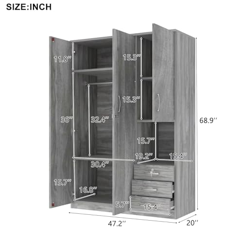 Grey Wooden Armoire Wardrobe with 6-Tier Shelves and 3 Drawers S55612