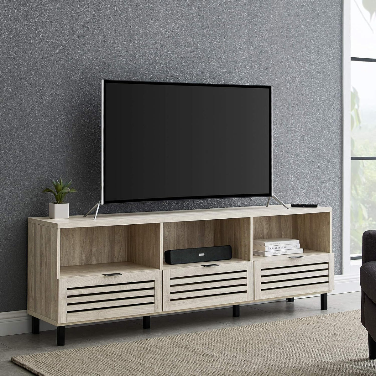 Modern Wood TV Stand with Slat Doors, 58 Inch, Dark Walnut D760670