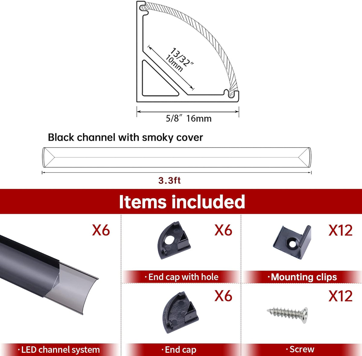10 Pack 6.6FT Black Aluminum LED Channel System with Clear Cover Lens B560
