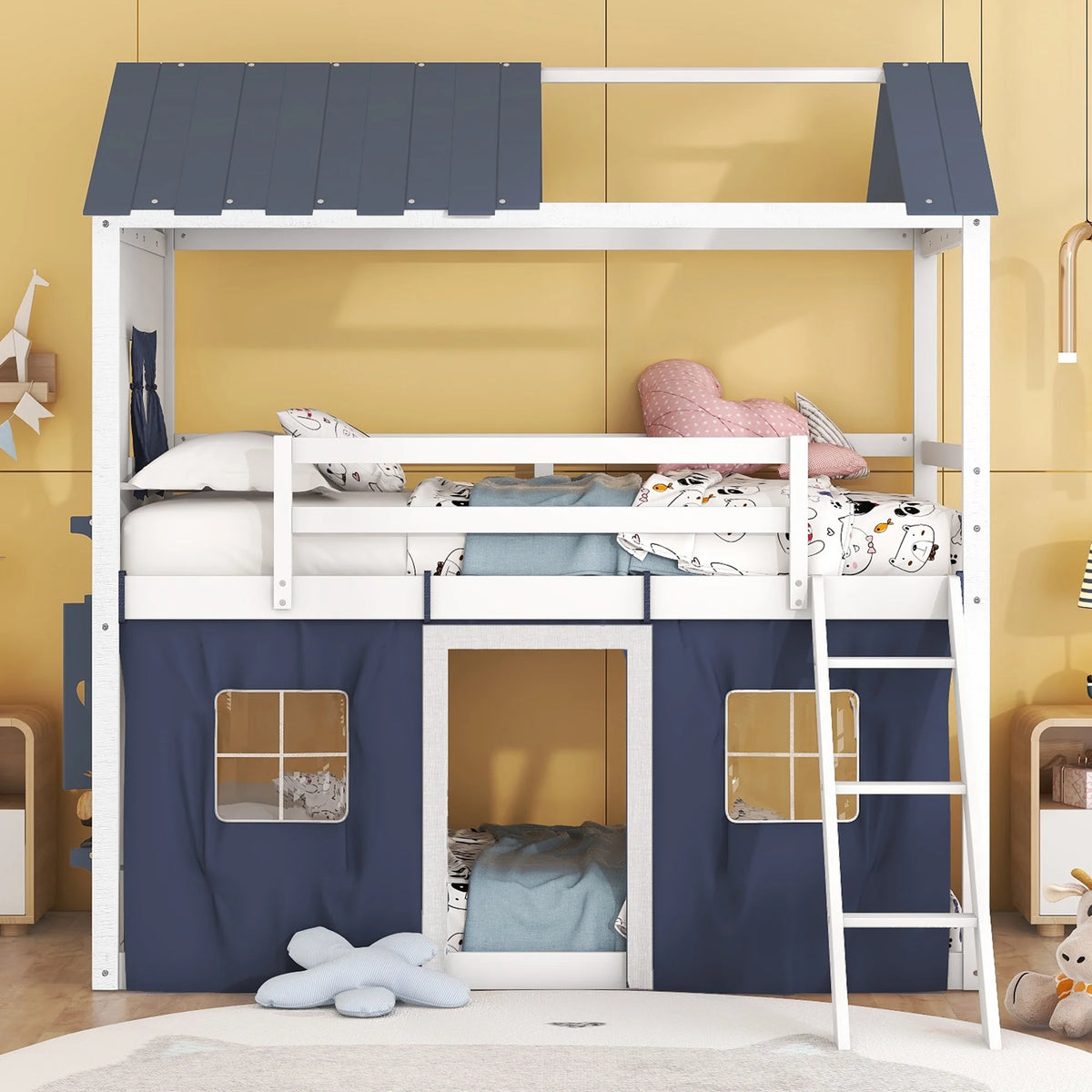 Twin Size Bunk Wood House Bed with Tent W64237